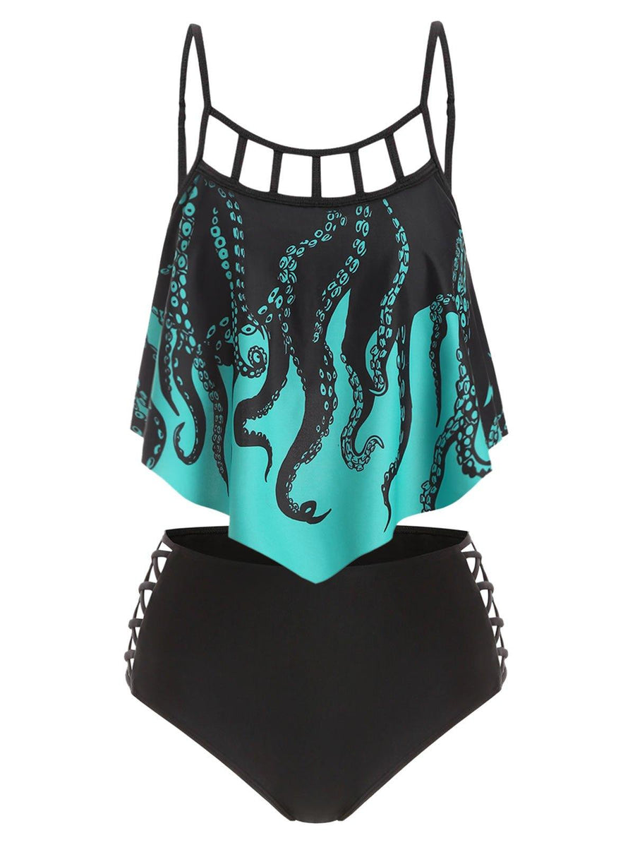 Flounce Crisscross Octopus Print High Rise Tankini Swimwear - M