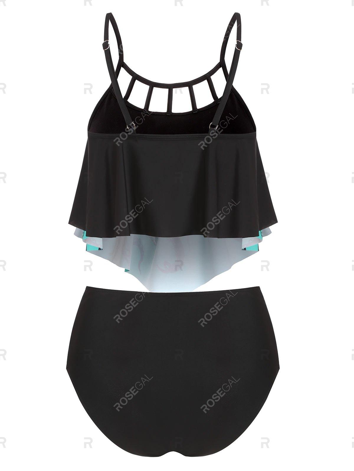Flounce Crisscross Octopus Print High Rise Tankini Swimwear - M