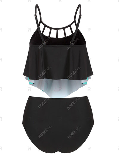 Flounce Crisscross Octopus Print High Rise Tankini Swimwear - M