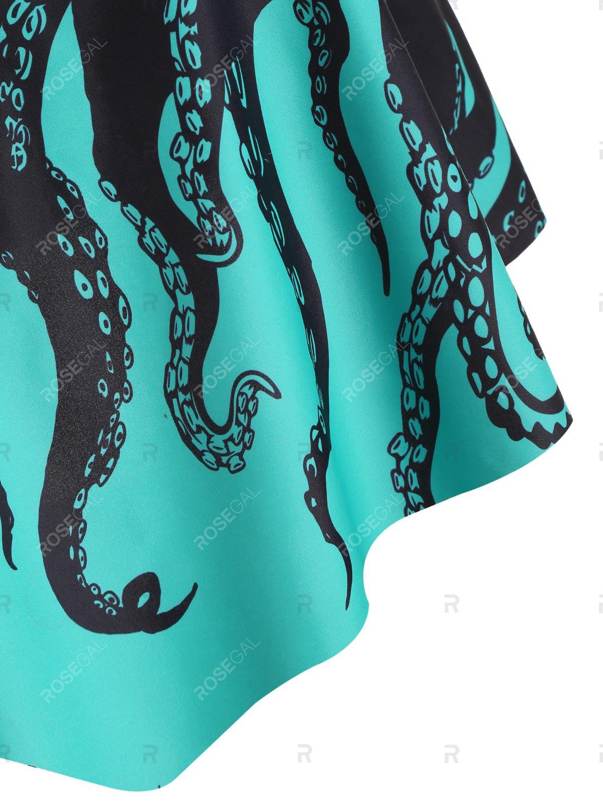 Flounce Crisscross Octopus Print High Rise Tankini Swimwear - M