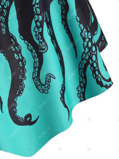 Flounce Crisscross Octopus Print High Rise Tankini Swimwear - M