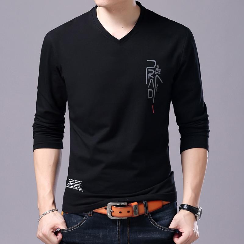 2020 New Fashion Brand T Shirt For Men Korean Boyfriend Gift Trending Tops Streetwear V Neck Print  Long Sleeve Tee Men Clothes
