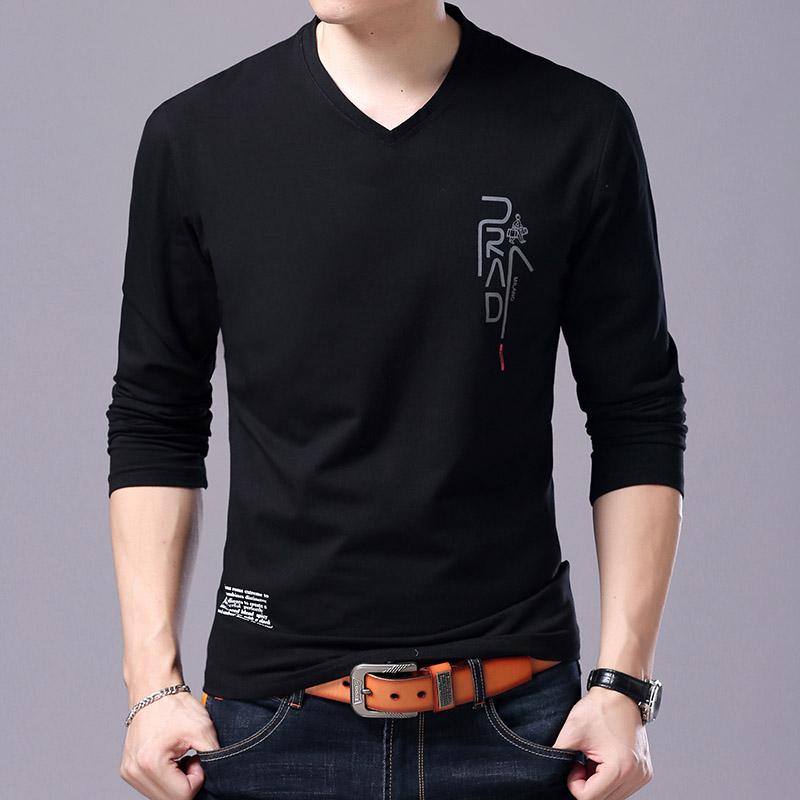 2020 New Fashion Brand T Shirt For Men Korean Boyfriend Gift Trending Tops Streetwear V Neck Print  Long Sleeve Tee Men Clothes