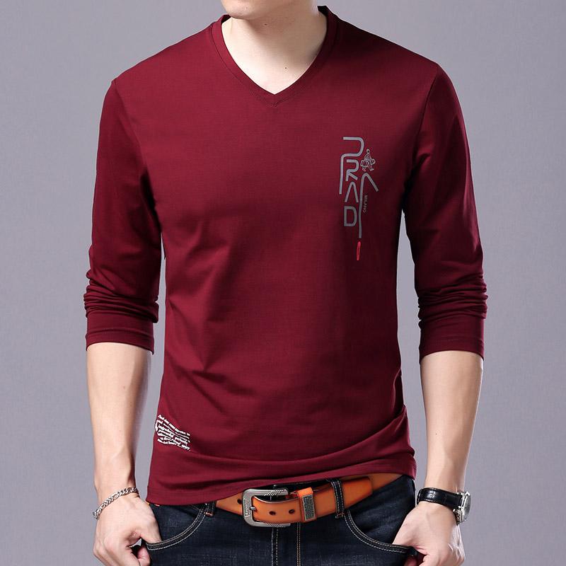 2020 New Fashion Brand T Shirt For Men Korean Boyfriend Gift Trending Tops Streetwear V Neck Print  Long Sleeve Tee Men Clothes