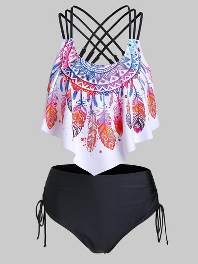 Feather Print Strappy Pointed Hem Tankini Swimwear - 3xl