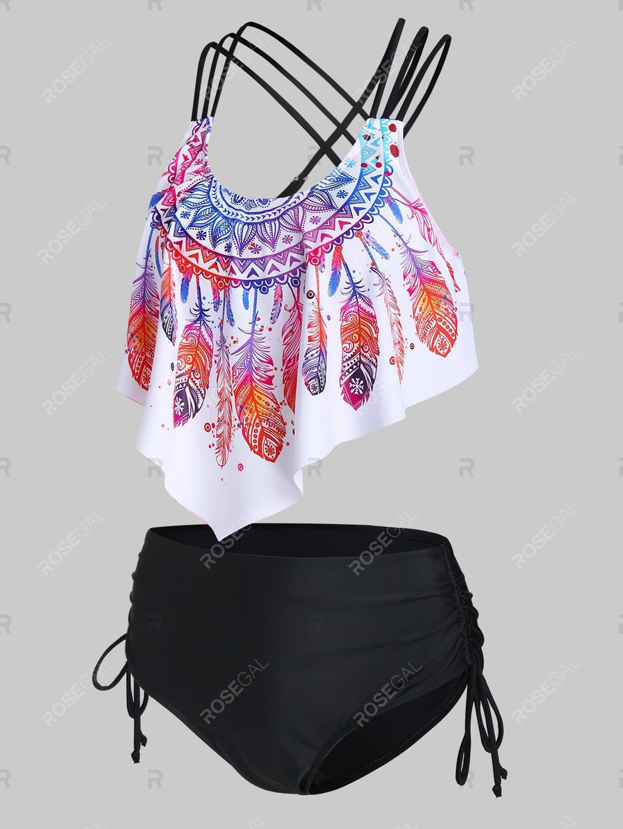 Feather Print Strappy Pointed Hem Tankini Swimwear - 3xl