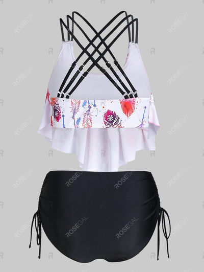 Feather Print Strappy Pointed Hem Tankini Swimwear - 3xl