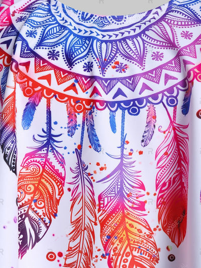 Feather Print Strappy Pointed Hem Tankini Swimwear - 3xl