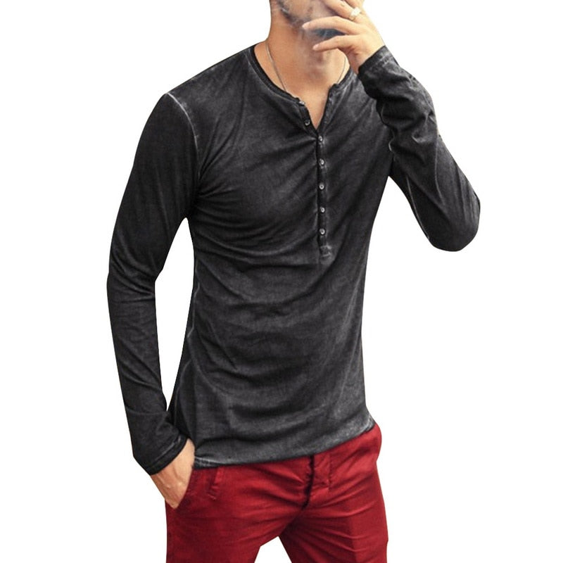 Shirt1 editorify Modish Men Henley Tshirt 2019 Long Sleeve Casual T-shirt Stylish Slim Fit Camiseta Masculina Button Design Men Basic Tops Tees