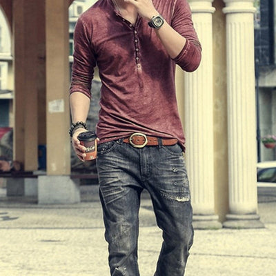 Shirt1 editorify Modish Men Henley Tshirt 2019 Long Sleeve Casual T-shirt Stylish Slim Fit Camiseta Masculina Button Design Men Basic Tops Tees