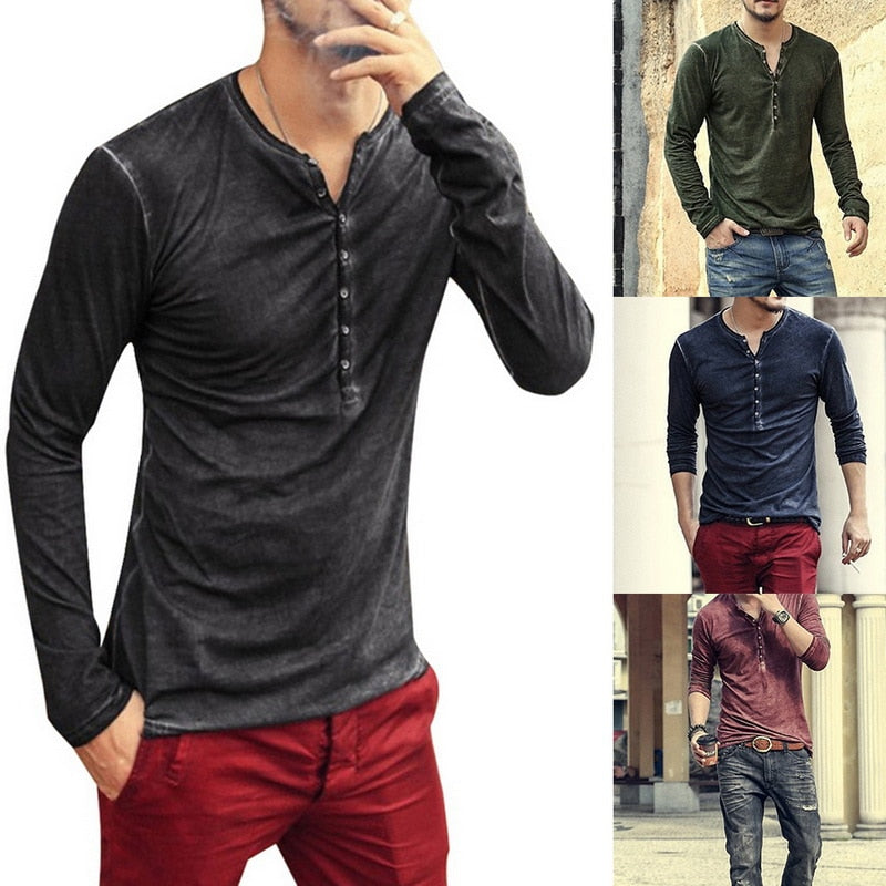 Shirt1 editorify Modish Men Henley Tshirt 2019 Long Sleeve Casual T-shirt Stylish Slim Fit Camiseta Masculina Button Design Men Basic Tops Tees