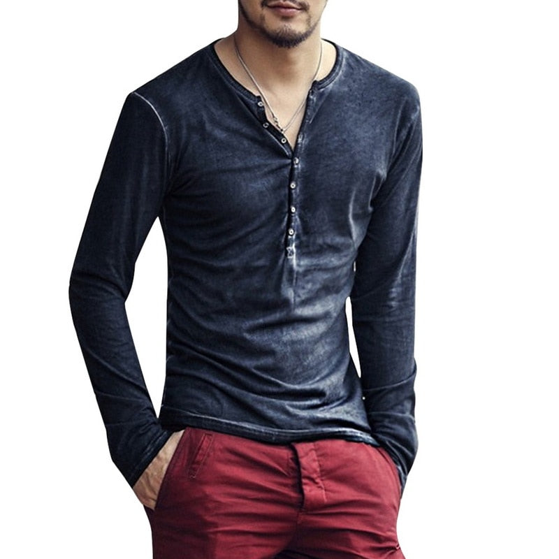 Shirt1 editorify Modish Men Henley Tshirt 2019 Long Sleeve Casual T-shirt Stylish Slim Fit Camiseta Masculina Button Design Men Basic Tops Tees