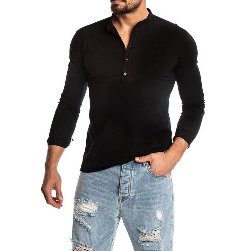 Shirt1 editorify Modish Men Henley Tshirt 2019 Long Sleeve Casual T-shirt Stylish Slim Fit Camiseta Masculina Button Design Men Basic Tops Tees