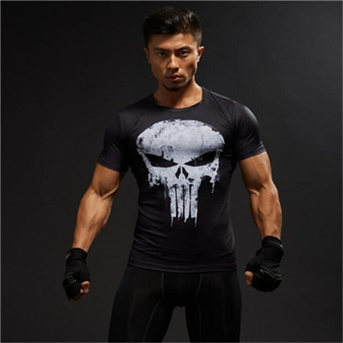 TUNSECHY fashion Compression Shirts Men 3D Printed T-shirts Short Sleeve Fitness Body Building Male Tops Punk Skull Skeleton